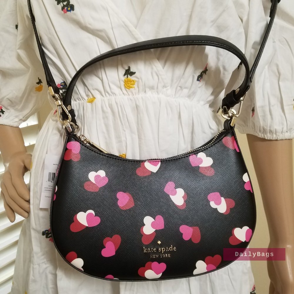 BEAUTIFUL HEART FLUTTER HALF MOON BLACK SHAPE CROSSBODY HANDBAG KATE SPADE